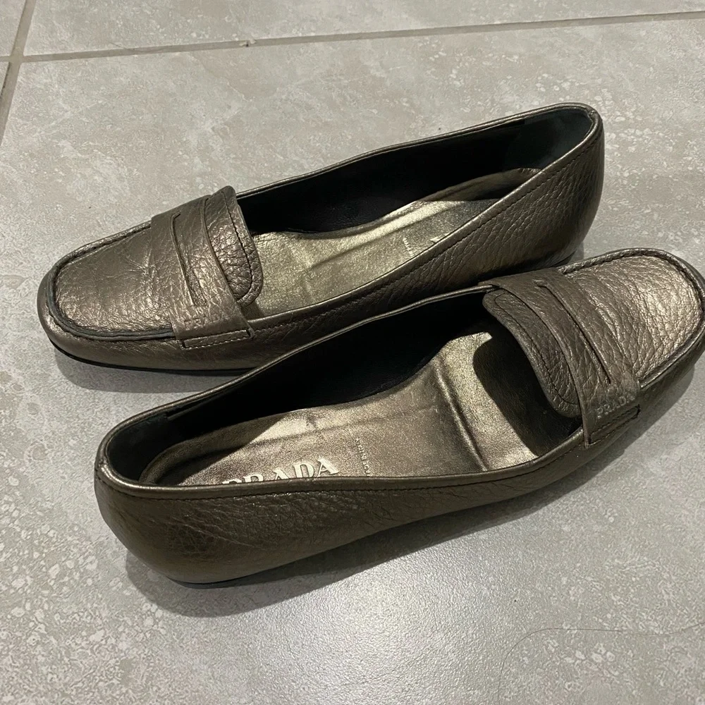 Prada Women's Bronze Leather Loafers - Picture 2 of 13
